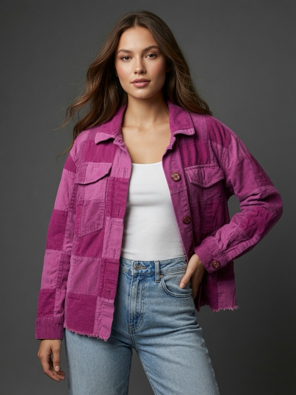 Ivy Jane Shacket Womens S Purple Patchwork Button Front Raw Hem Pockets